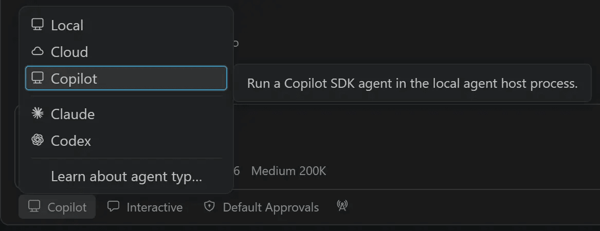 Screenshot showing the Copilot harness selected from the editor window harness picker.