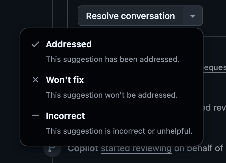 screenshot of resolution reasons Addressed, Won't fix, and Incorrect