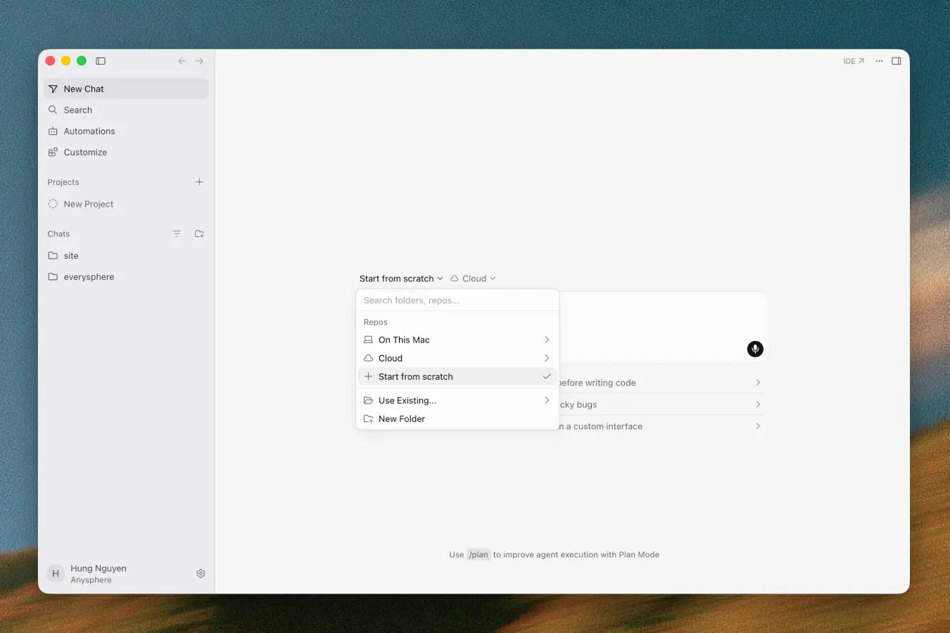 Start from scratch in the repo picker
