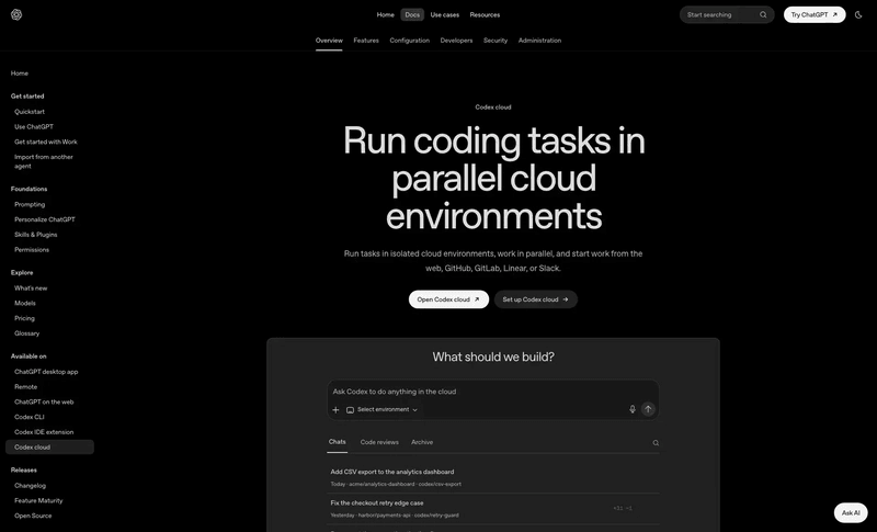 Codex Cloud 文档描述了用于编码任务的并行隔离环境