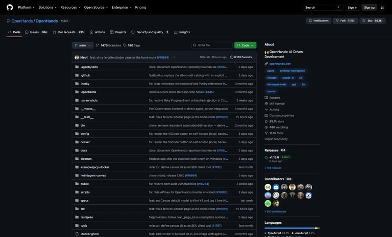 OpenHands 仓库，一个 MIT 协议许可的编码 Agent 自托管控制中心
