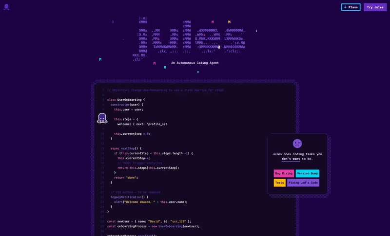Jules 首页展示了 Google 的自主编码 Agent 正在运行重构任务