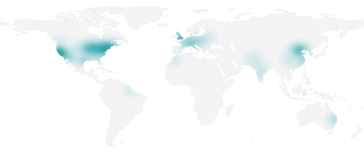 World map showing the geographic density of Terminal-Bench-Science proposal and implementation authors using public profile locations and affiliations