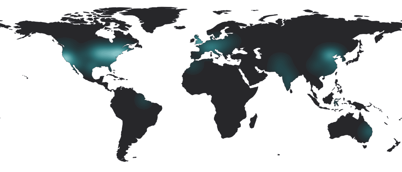 World map showing the geographic density of Terminal-Bench-Science proposal and implementation authors using public profile locations and affiliations