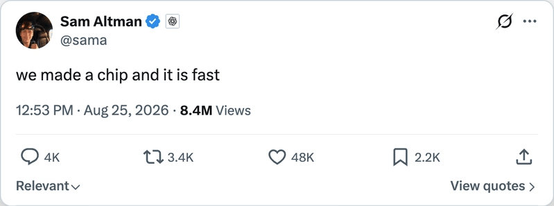Sam Altman tweet: we made a chip and it is fast