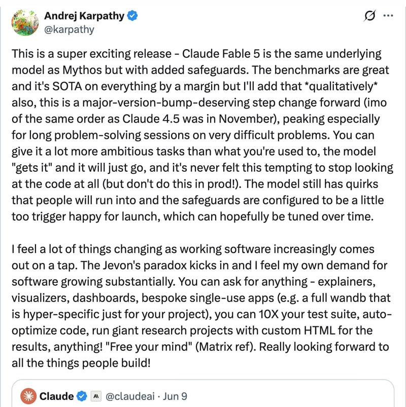 Karpathy tweet: Claude Fable 5 is SOTA on everything by a margin
