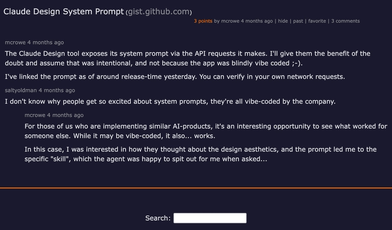 Hacker News thread discussing Claude Design system prompt