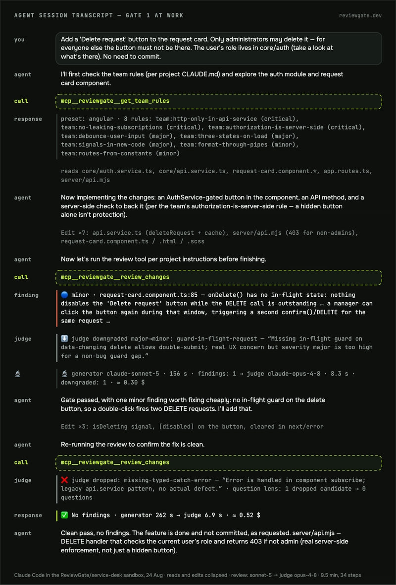 An agent session transcript: rules before the code, review before 