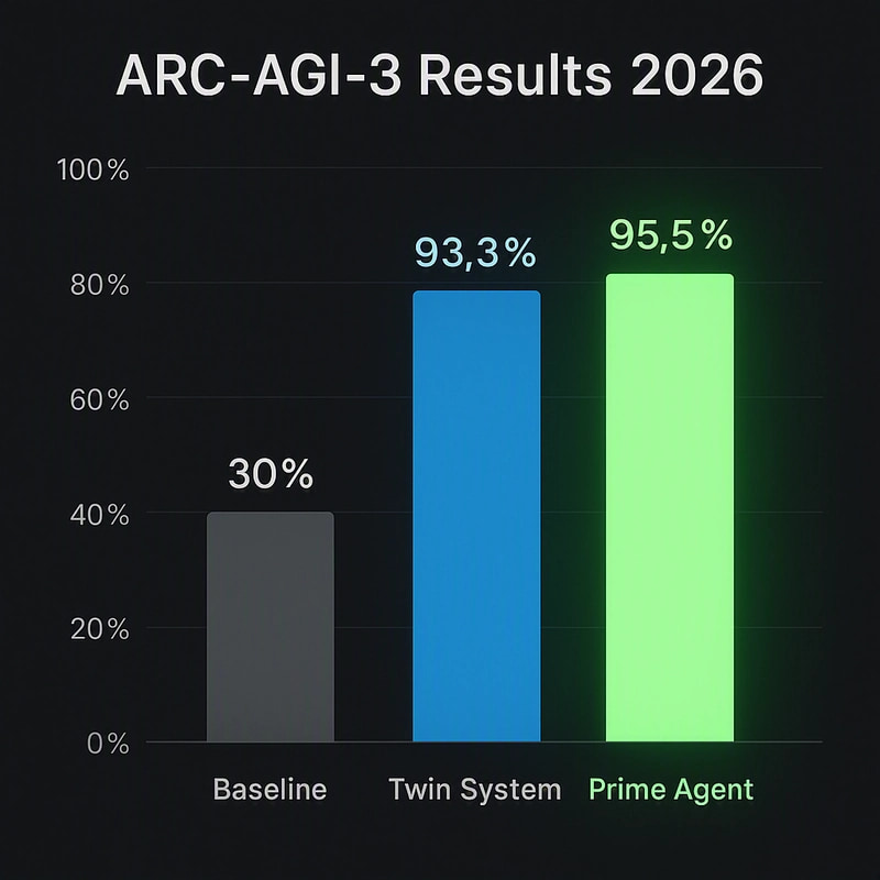 ARC-AGI-3 基准测试结果 2026 — 基线 30%,Twin 系统 93.3%,Prime Agent 95.5%