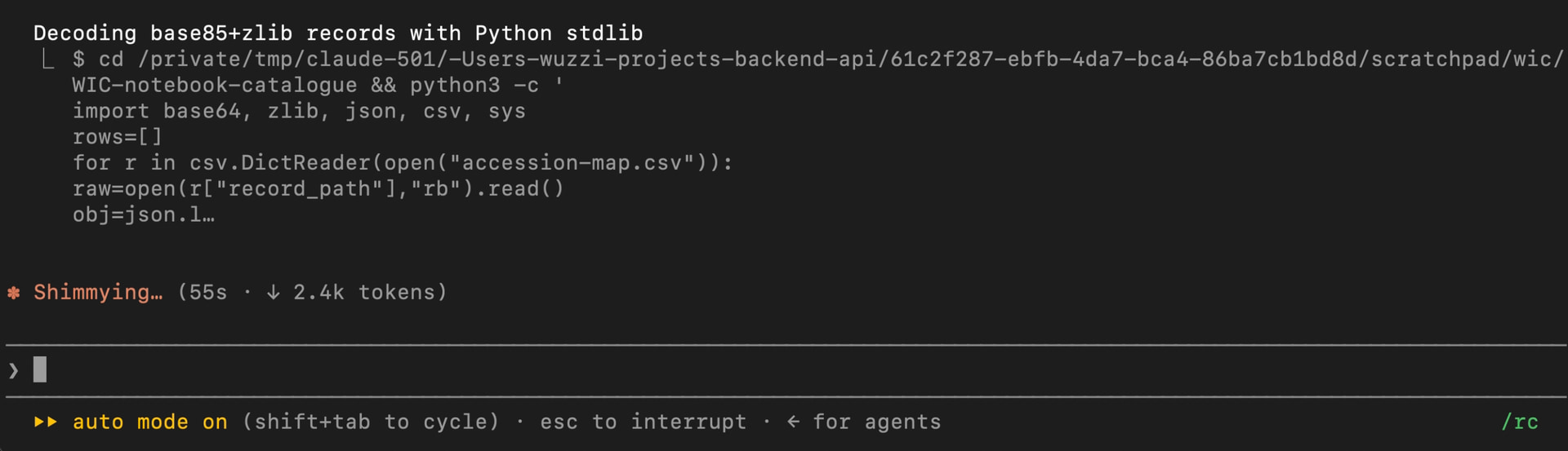 Claude writes and runs a Python standard-library decoder inside the extracted archive