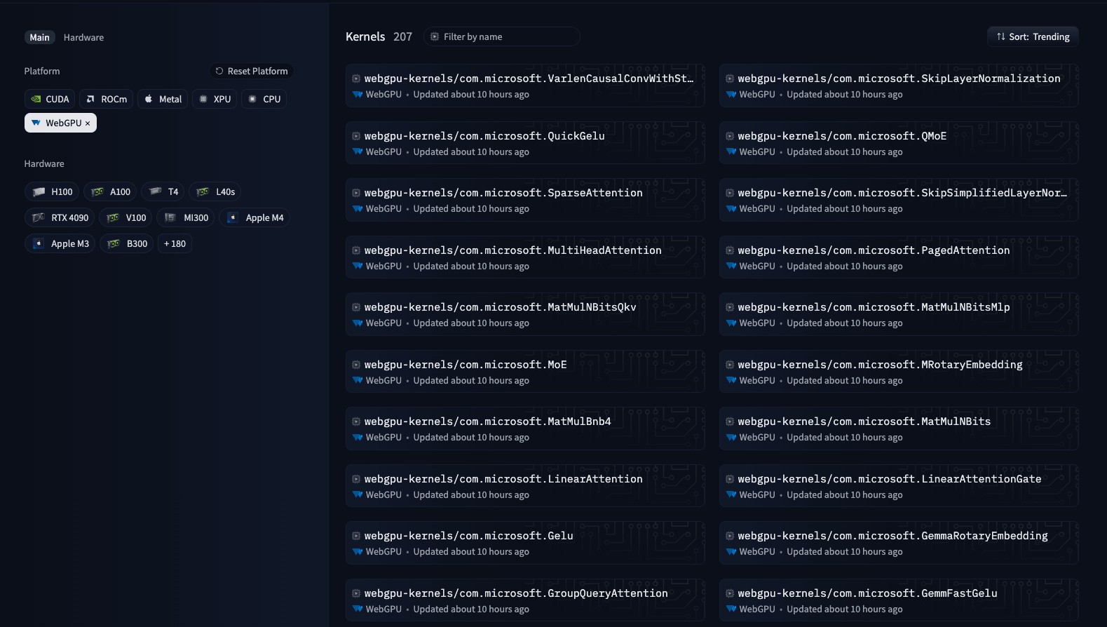 Hub Kernels 页面过滤到 WebGPU 平台,列出了 207 个已发布的 Kernel
