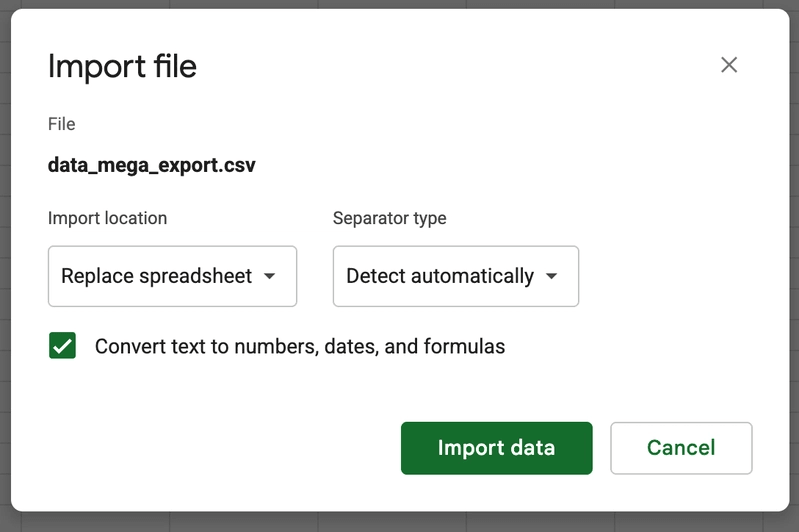 A screenshot of the Google Sheets Import file dialog for datamegaexport.csv, with the checkbox