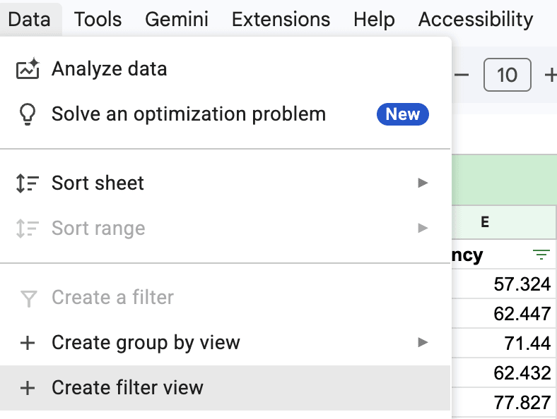 A screenshot of the Google Sheets top menu under