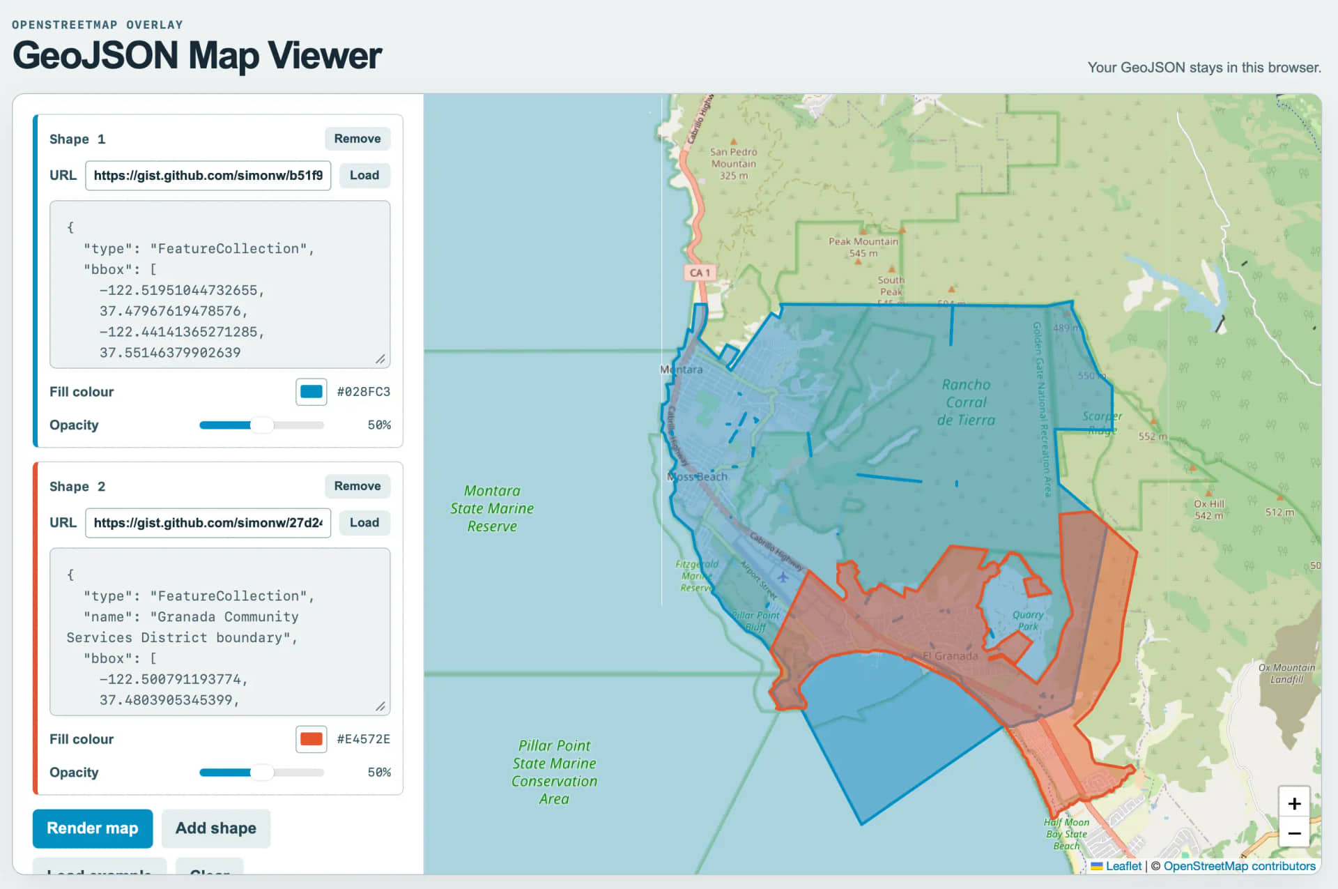 Screenshot of a web app with a left sidebar of controls and a large map on the right. Top left: OPENSTREETMAP OVERLAY GeoJSON Map Viewer. Top right: Your GeoJSON stays in this browser. Sidebar Shape 1 panel with blue accent: Shape 1, Remove button, URL https://gist.github.com/simonw/b51f9 with Load button, textarea containing { "type": "FeatureCollection", "bbox": -122.51951044732655, 37.47967619478576, -122.44141365271285, 37.55146379902639, Fill colour #028FC3 with blue swatch, Opacity slider at 50%. Shape 2 panel with red accent: Shape 2, Remove button, URL https://gist.github.com/simonw/27d24 with Load button, textarea containing { "type": "FeatureCollection", "name": "Granada Community Services District boundary", "bbox": -122.500791193774, 37.4803905345399, Fill colour #E4572E with red swatch, Opacity slider at 50%. Buttons: Render map, Add shape, Load example, Clear. The map shows the coast around Montara, Moss Beach, El Granada and Half Moon Bay with a large semi-transparent blue polygon covering Montara, Moss Beach and Rancho Corral de Tierra extending into the ocean, and an overlapping red polygon covering El Granada and Quarry Park. Map labels include Cabrillo Highway, San Pedro Mountain 325 m, Peak Mountain 545 m, South Peak, CA 1, Montara, Rancho Corral de Tierra, Golden Gate National Recreation Area, 489 m, Scarper Ridge, 552 m, Moss Beach, Montara State Marine Reserve, Ox Hill 542 m, 512 m, Fitzgerald Marine Reserve, Airport Street, Pillar Point Bluff, Quarry Park, El Granada, Pillar Point State Marine Conservation Area, Ox Mountain Landfill, Half Moon Bay State Beach, plus and minus zoom buttons, and attribution Leaflet | © OpenStreetMap contributors.