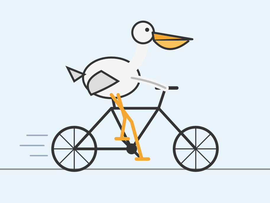 Minimalist flat illustration of a white pelican with an orange beak riding a black bicycle to the left, its orange legs pedaling and wings gripping the handlebars, with motion lines behind on a light blue background.