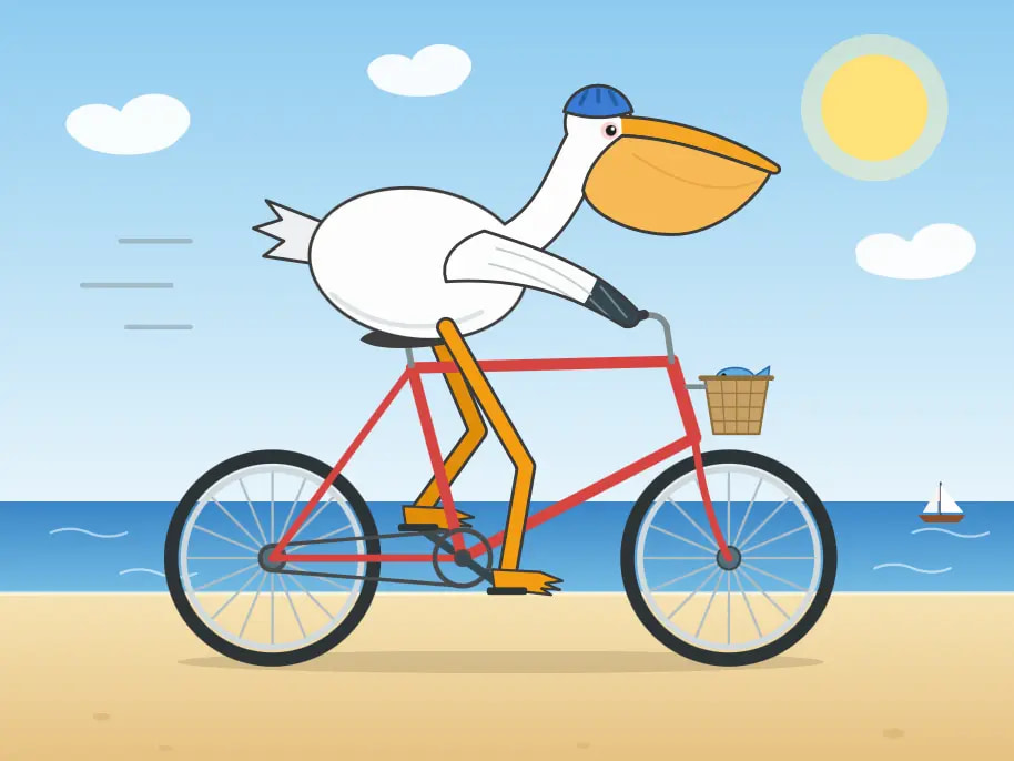 Minimalist flat illustration of a white pelican with an orange beak riding a black bicycle, its orange legs pedaling, with motion lines behind to indicate speed, on a light blue background.