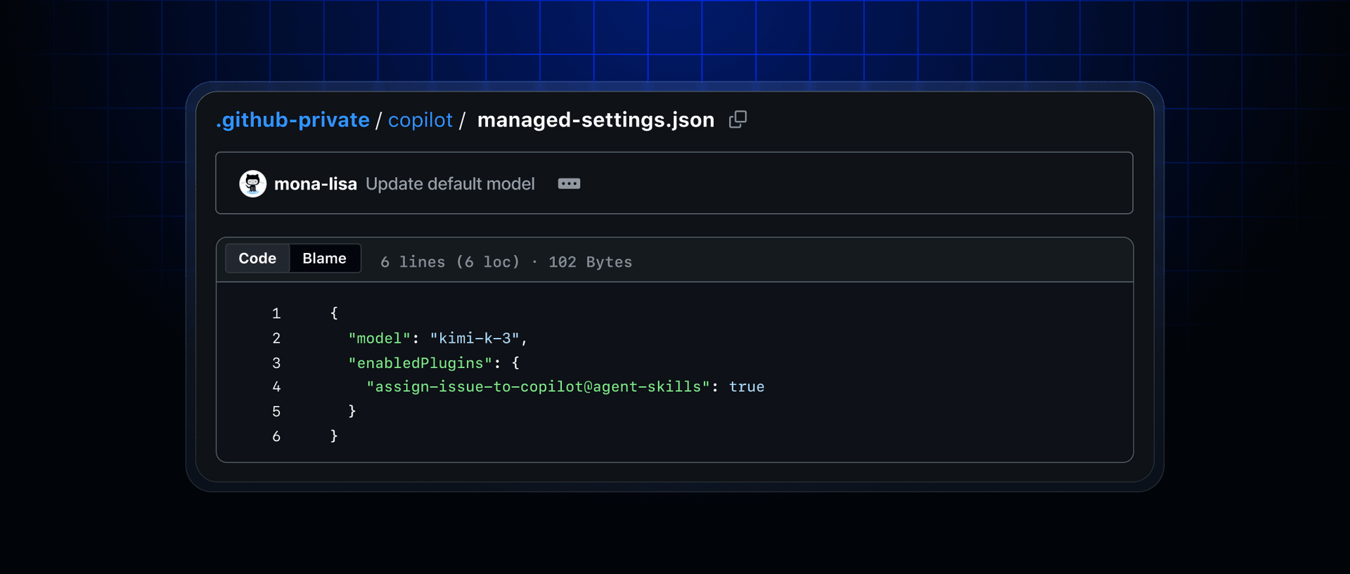 The managed.json file showing an update to the default model where the current model key is replaced with "Kimi 3"