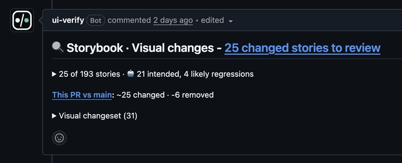 A GitHub pull request comment from the ui-verify bot: 25 changed stories, 21 intended and 4 likely regressions, with a link to the visual changeset.