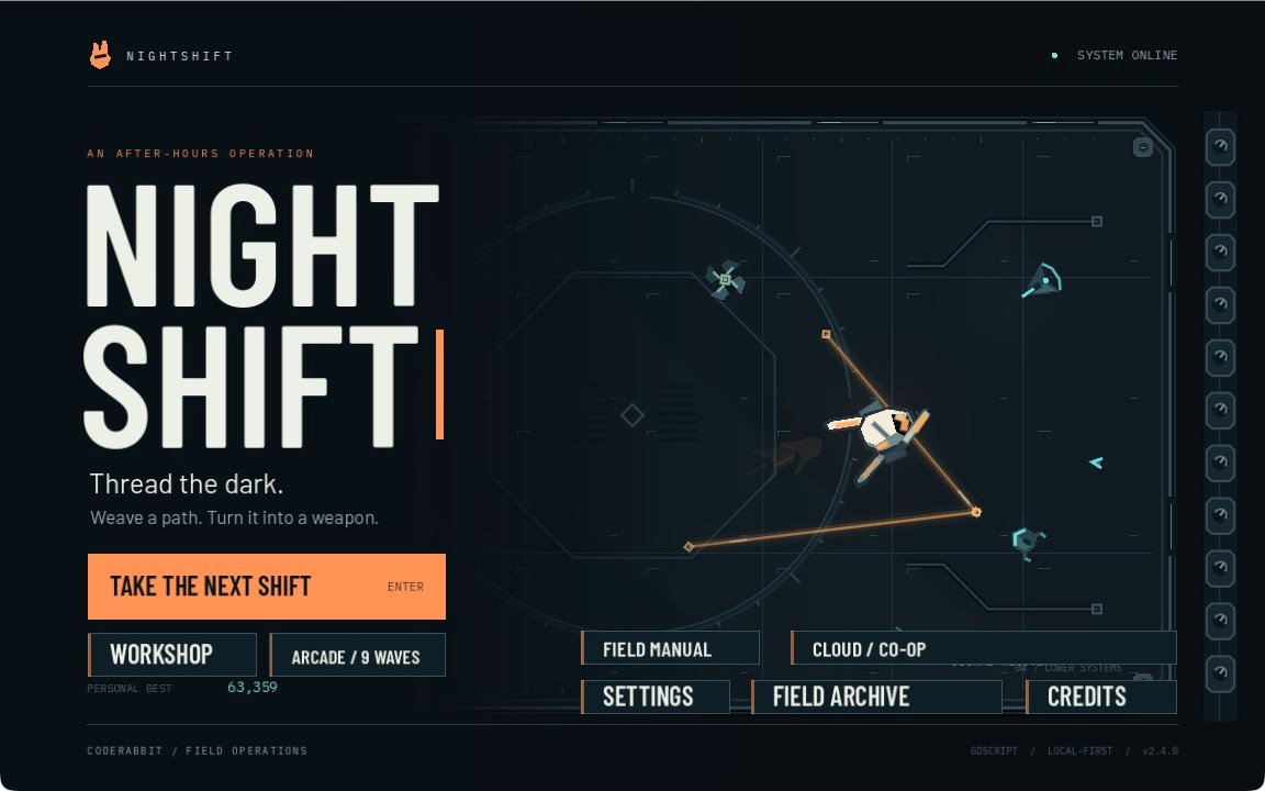 NIGHTSHIFT title screen, with the player character and glowing orange filaments.
