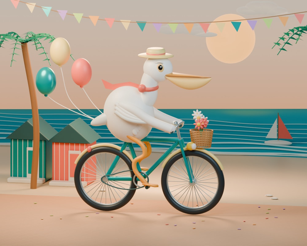 A 3D illustration of a white pelican cycling along a seaside boardwalk at sunset. It wears a cream boater hat and a coral scarf, with wings on the handlebars and long orange legs reaching the pedals of a turquoise bicycle. A wicker front basket holds pink and white flowers, and three balloons float behind. Pastel bunting stretches overhead between palm trees. Striped beach huts stand beside a teal sea with a small sailboat, beneath a large peach-colored sun. The scene has a softly lit, toy-like style.
