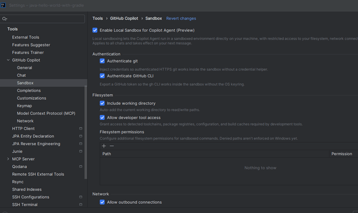 GitHub Copilot settings showing enterprise-managed sandbox policies