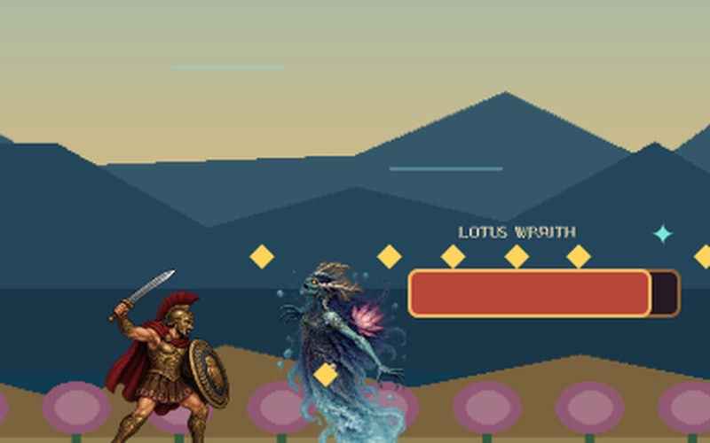 Later landscape Ithaca Rising combat screen with Odysseus raising a sword against the Lotus Wraith, a red enemy health bar and yellow hit particles
