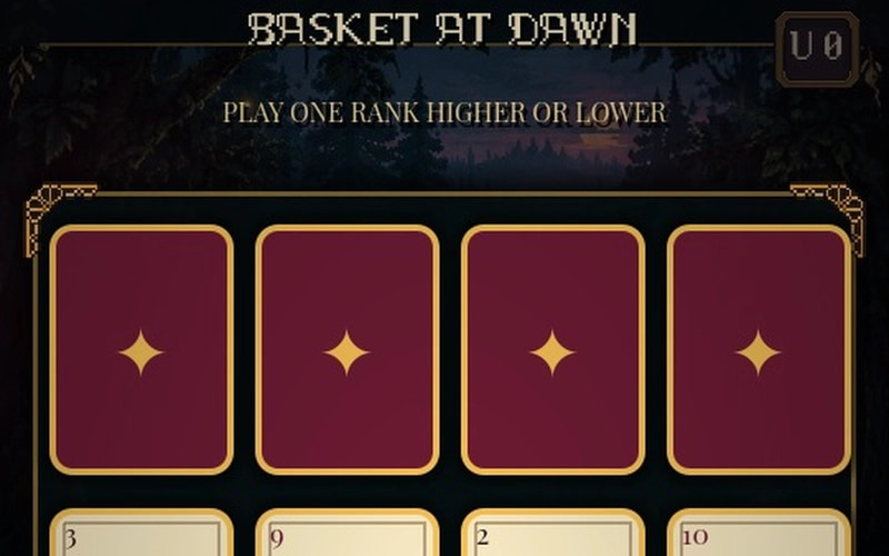 Landscape crop of Glimmerbook Solitaire showing the Basket at Dawn title, higher-or-lower instruction and two rows of burgundy and cream cards