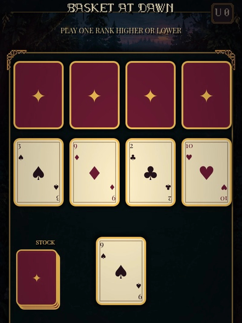 Portrait Glimmerbook Solitaire screen titled Basket at Dawn, with four face-down cards, four face-up cards, a stock pile and a current card