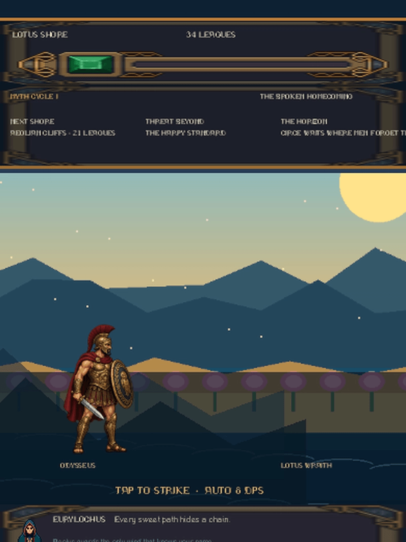 Earlier portrait Ithaca Rising screen with a layered mountain landscape, Odysseus on the left, no visible enemy, and dense quest and combat interface panels