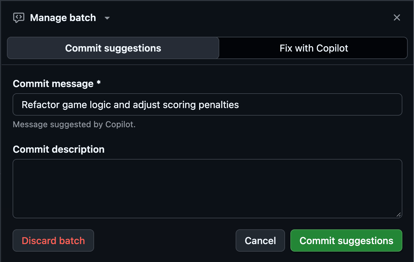Screenshot of commit message generated by Copilot in batch suggestions dialog