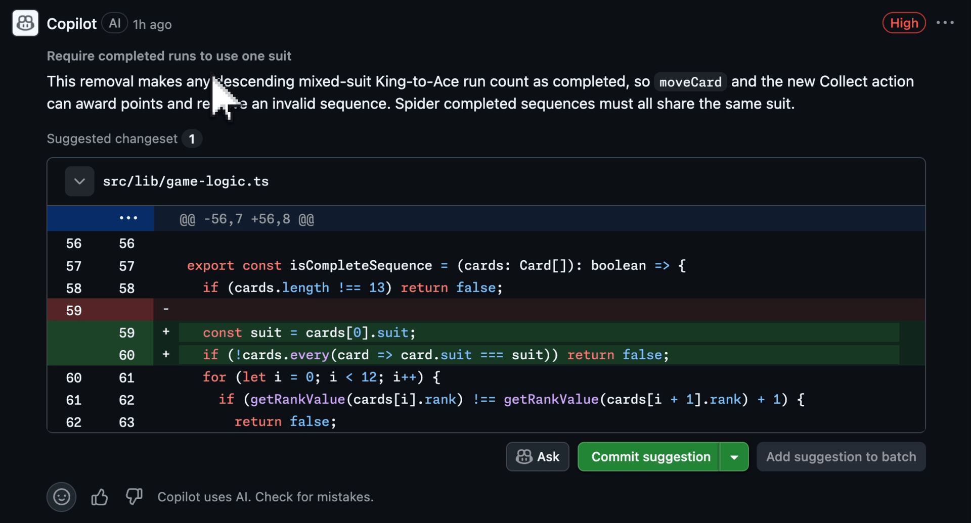 screenshot of a Copilot code review comment with a brief title at the top