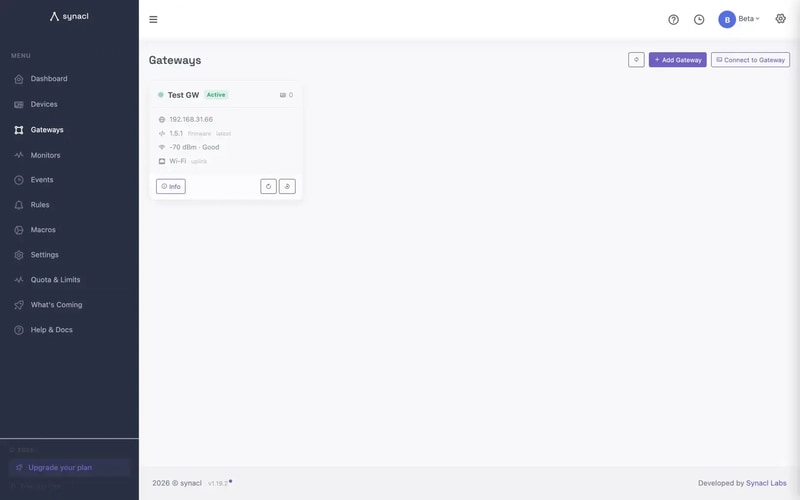 网关列表,新网关显示 online,固件版本 1.5.1。