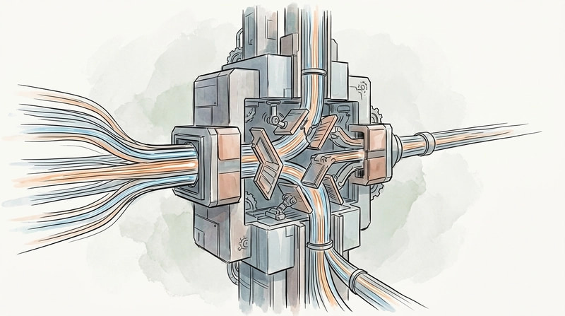 A precision industrial nexus where multiple high-speed energy conduits flow through a monolithic central relay, with aut