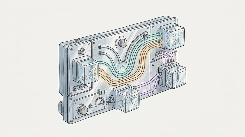 A precision engineered metallic control switchboard with clean glowing fiber-optic conduits routing light between severa