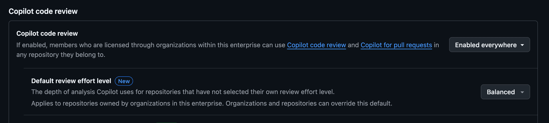 screenshot of Copilot code review enterprise settings depicting review effort level setting