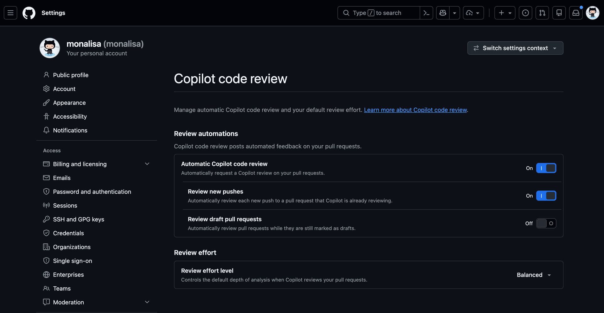 Screenshot of personal Copilot code review settings page including Automatic review and review effort level settings