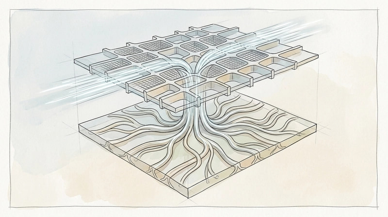 A dual-tiered transparent architectural matrix where light pulses pass through a rapid filtering grid before branching i