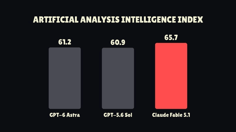 Artificial Analysis Intelligence Index: GPT-6 Astra 61.2, GPT-5.6 Sol 60.9, Claude Fable 5.1 65.7