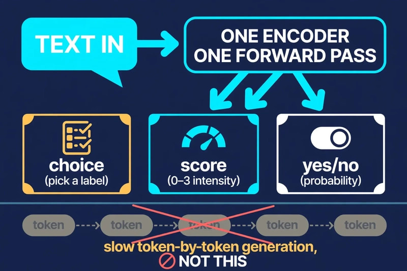 Diagram: text enters one encoder and one forward pass, which fans out in parallel to choice, score, and yes/no heads — instead of slow token-by-token generation