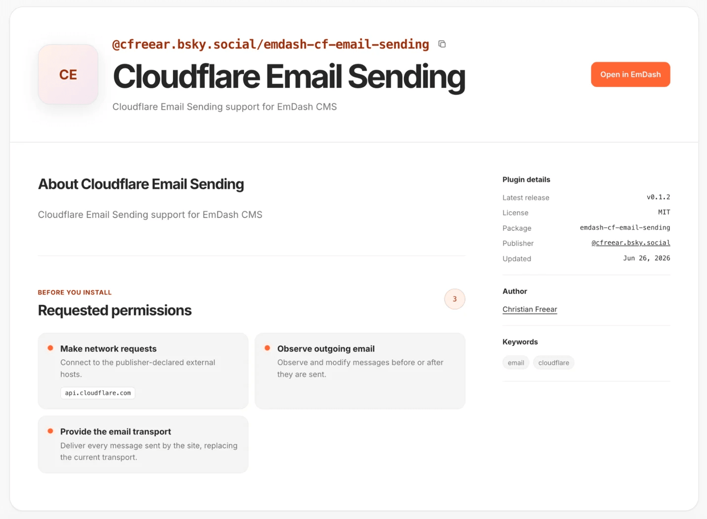 Cloudflare Email Sending is one of many plugins available in the new EmDash plugin registry.