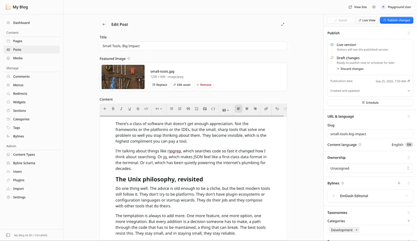 The EmDash post editor