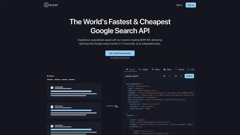 Serper homepage pitching a fast Google search API with a 2,500 free queries button