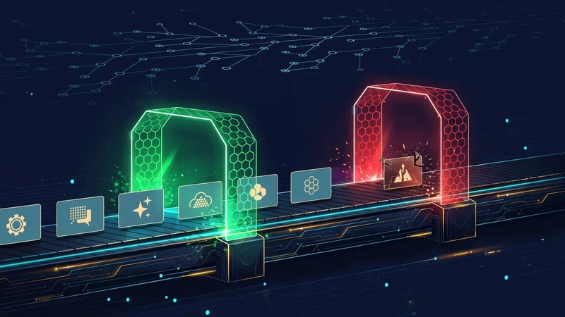 AI-generated editorial illustration: a continuous-integration pipeline as a glowing conveyor belt carrying prompt cards through green pass gates and a red gate stopping a defective card, on a dark navy background