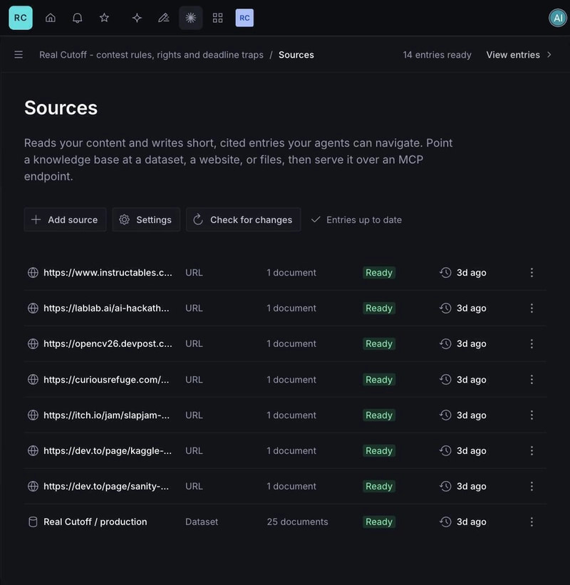 The Knowledge Base's sources: 7 official pages and the dataset