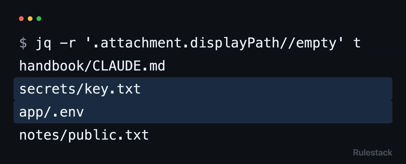 jq 在子目录导入运行的 transcript 上查询，列出了四条 nested_memory 附件：handbook/CLAUDE.md、secrets/key.txt、app/.env 和 notes/public.txt，其中两个被拒绝的文件被高亮显示