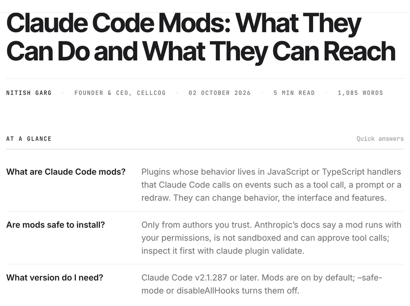 cellcog.ai 深度分析 Claude Code Mods 能力与安全模型