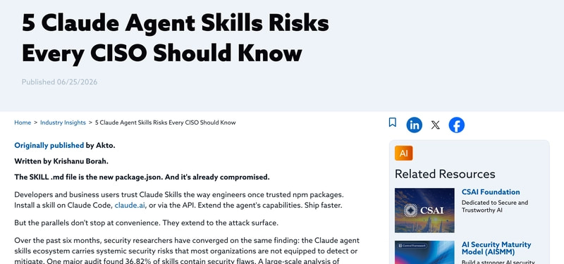 Cloud Security Alliance——每位 CISO 都应知道的 5 个 Claude Agent 技能风险