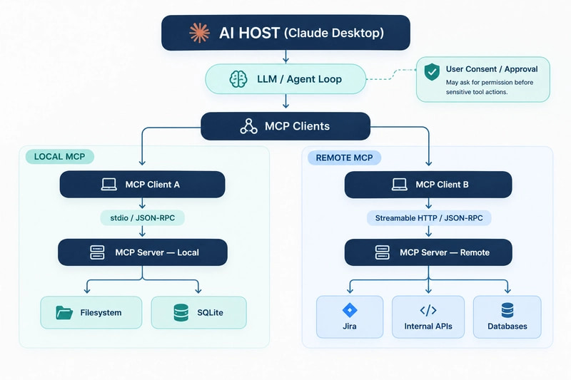 MCP architecture showing an AI host, MCP clients, local and remote MCP servers, and connected systems
