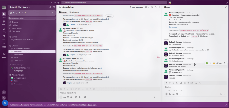Slack escalation alert and reply thread